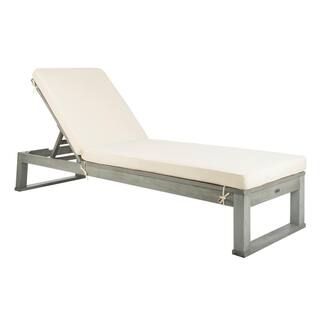 Solano Ash Grey 1-Piece Wood Outdoor Chaise Lounge Chair with White Cushion | The Home Depot