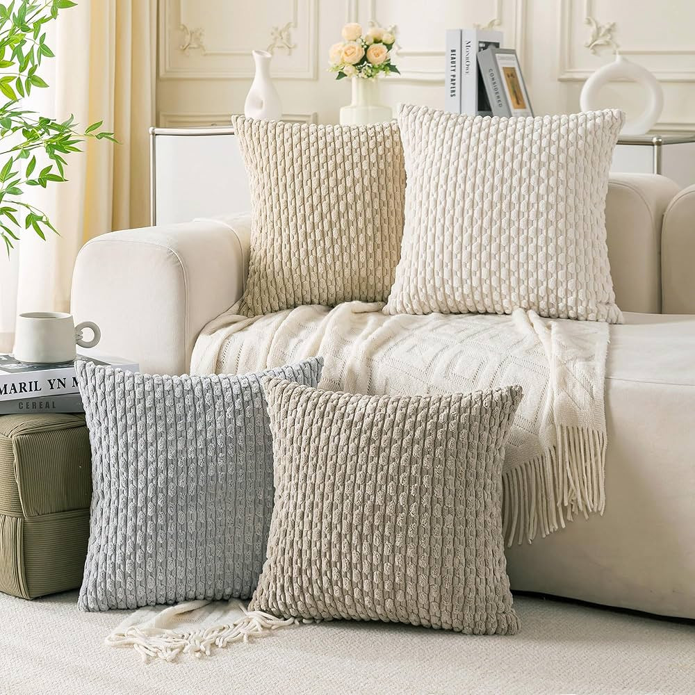 Set of 4 Neutral Decorative Throw Pillow Covers 18x18 Inch Corduroy Pillow Covers for Bed Couch S... | Amazon (US)