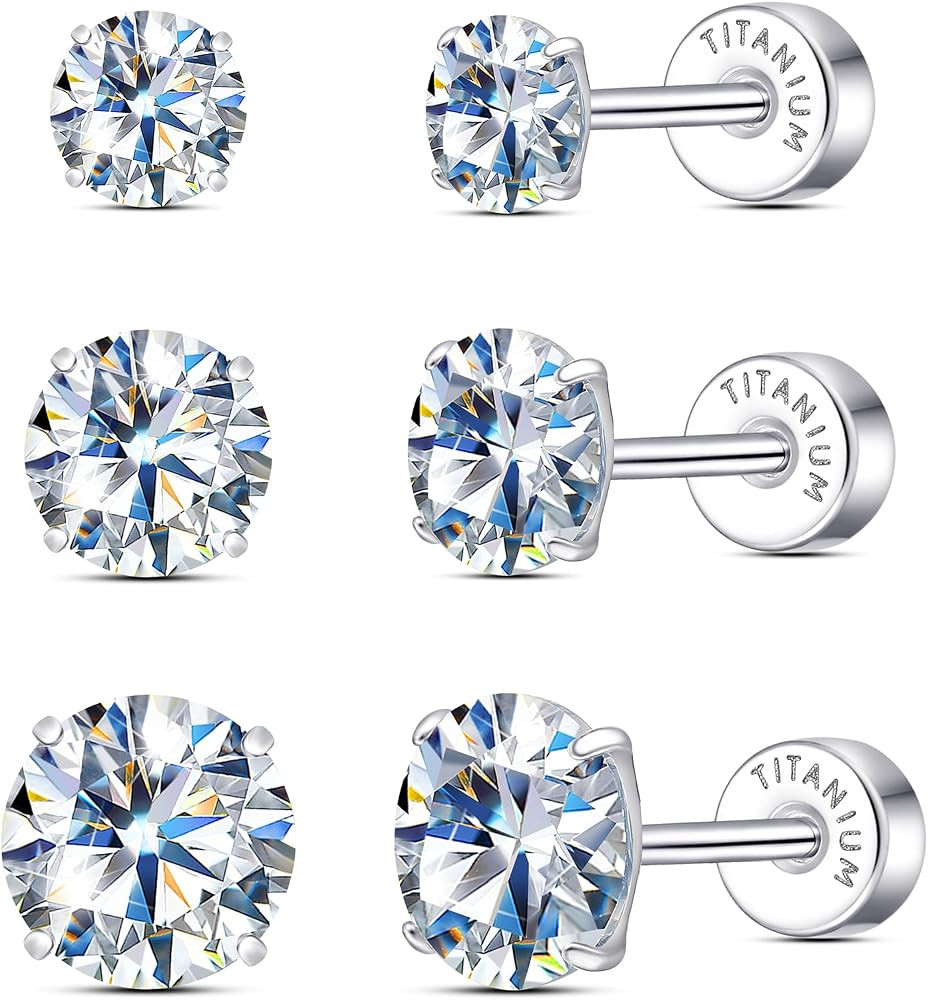 Limerencia Moissanite Stud Earrings, 3 Pairs Titanium Screw Back Earrings | Amazon (UK)