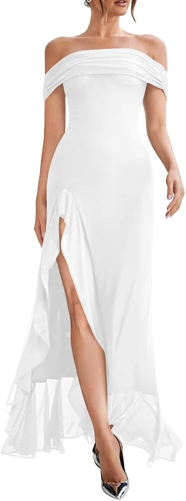 LAGSHIAN Women's Sexy Formal Off Shoulder Sleeveless High Split Ruffle Evening Party Maxi Dress | Amazon (US)