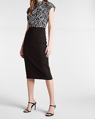 Draped Mock Neck Ikat Print Midi Sheath Dress | Express