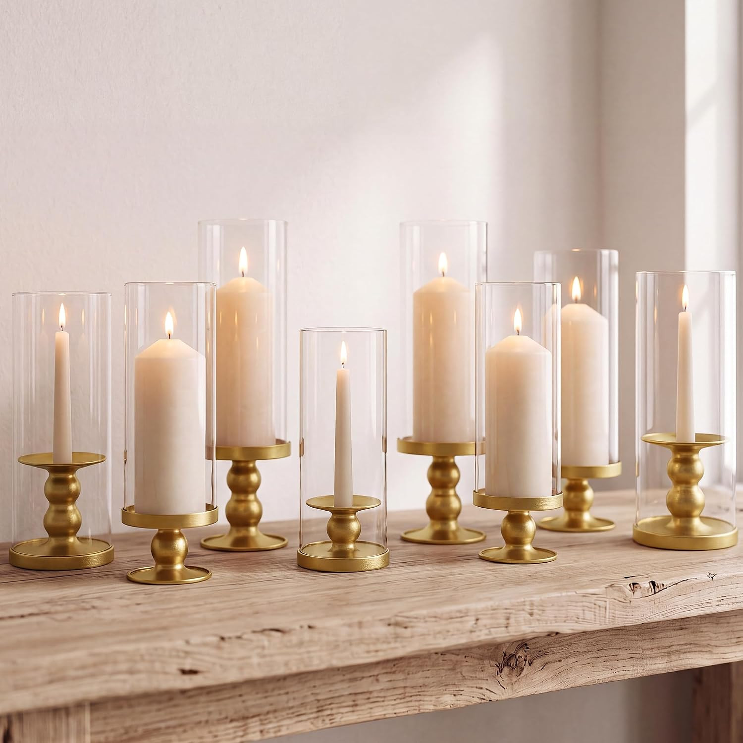 Gold Hurricane Glass Candle Holders with Dual-Purpose Metal Base Set of 8 | Amazon (US)