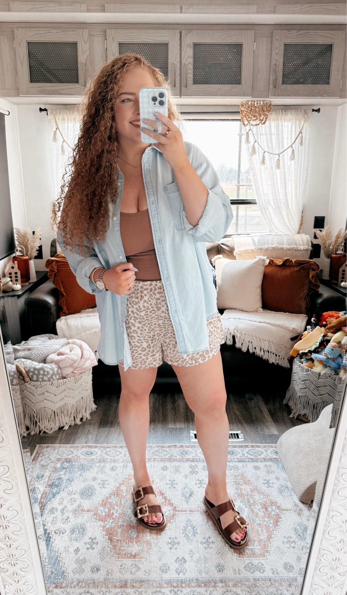 A little late summer, early fall outfit moment 🤎 The easiest way to start transitioning your wardrobe without giving up those warm weather pieces just yet 🍂✨ fall transition outfits | late summer outfits | summer to fall outfits | transitional outfits | early fall outfits | fall fashion | casual fall outfits | everyday outfit | casual chic outfit | chambray button down | light blue button down | denim look button down | leopard print shorts | leopard boxer shorts | seersucker shorts | brown tank top | brown sandals | gold aviator sunglasses | neutral outfit | warm neutral outfit | effortless style | casual summer outfit | cute fall outfit | fall outfit inspiration | seasonal transition outfit | women’s fashion | affordable fashion | Aerie style | Amazon fashion | capsule wardrobe | everyday style

#LTKdayinmylife #LTKootd #LTKgrwm