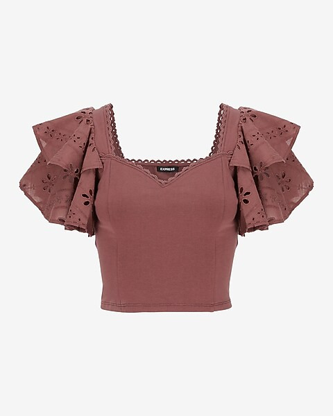 Sweetheart Eyelet Ruffle Sleeve Cropped Top | Express