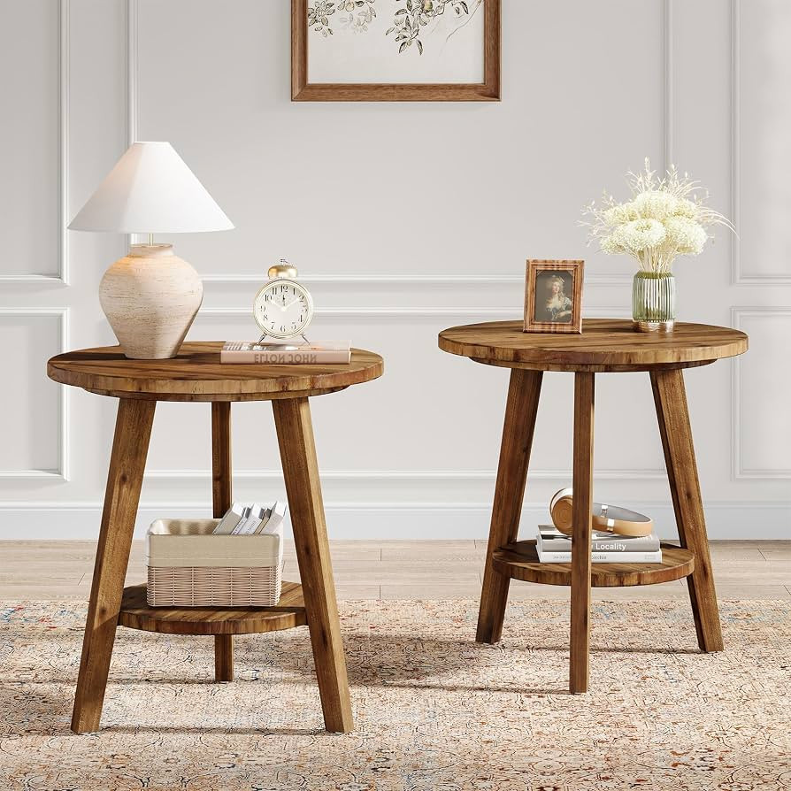 Solid Wood Round End Table Set of 2, Sofa Side Table with Storage Shelf, Farmhouse Nightstand for... | Amazon (US)