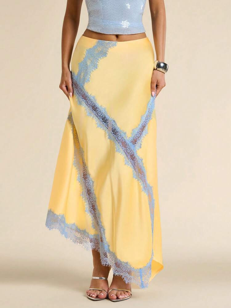 SHEIN BAE Women's Elegent Light Yellow Satin Skirt With Lace Trim,Summer Asymmetric Slit Vacation... | SHEIN