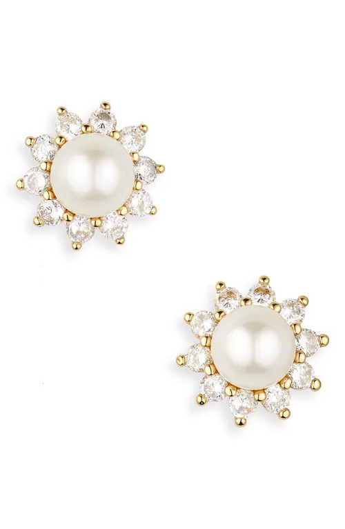 Kate Spade New York imitation pearl & crystal halo stud earrings in White Multi at Nordstrom | Nordstrom
