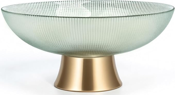 Round Glass Decorative Bowl（Green）, 9.8 Inches Handblown Striped Design Fruit Bowl with Rust-... | Amazon (US)