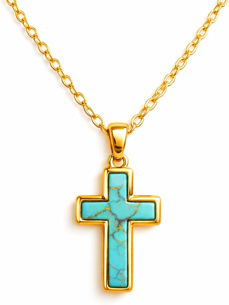 Sheplus Christian Gift for Women - Genuine Turquoise Cross Gold Necklace Faith Catholic Rosary Re... | Amazon (US)