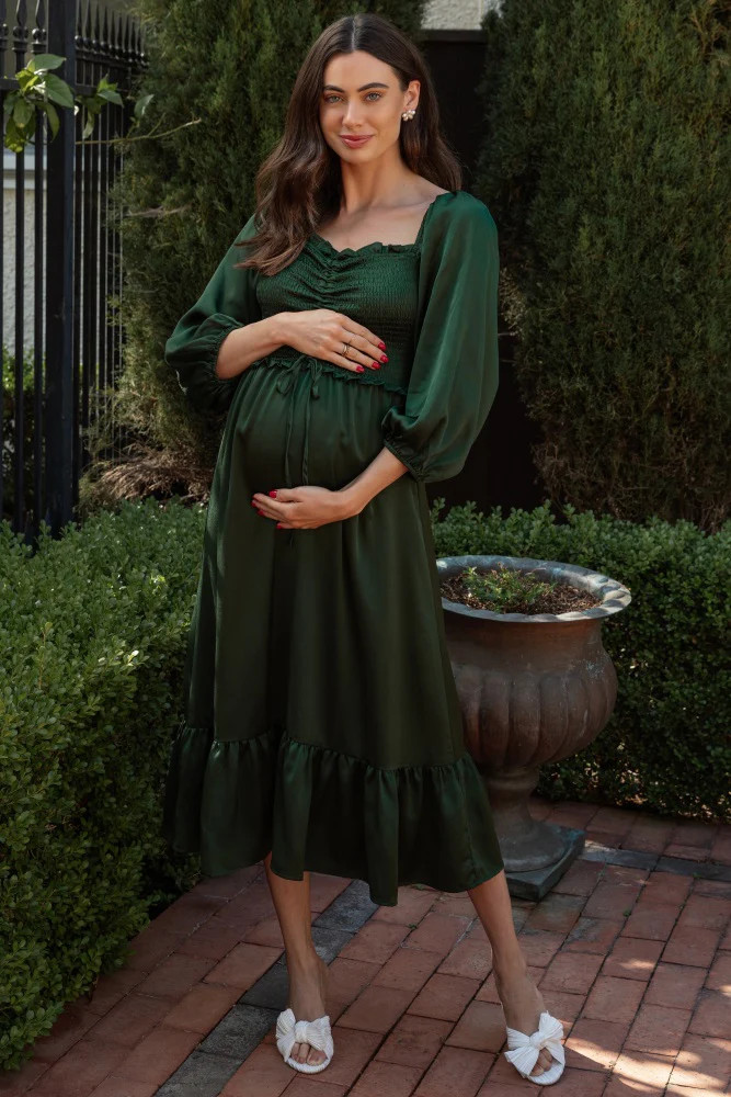 Green Satin Smocked Cinched Bust Maternity Midi Dress | PinkBlush Maternity