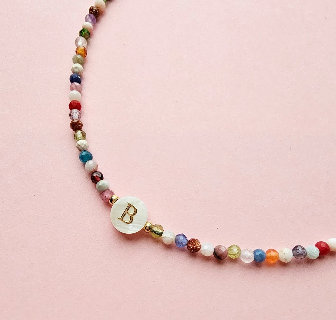 Personalized Initial Necklace: Tiny Mixed Gemstone, Mother-of-pearl Bead - Etsy | Etsy (US)