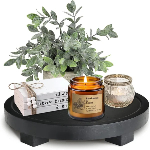 Round Wood Tray Decor, Farmhouse Pedestal Stand Decor For Indoor, Rustic Decorative Display Stand... | Wayfair North America