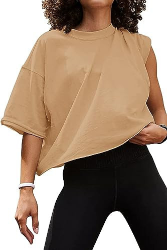 Carpetcom Oversized Workout Shirts for Women Short Sleeve Drop Shoulder Soft Basic Crop Tops Baggy Roll Hem Gym Yoga Sport Tee Black Light Khaki | Amazon (US)