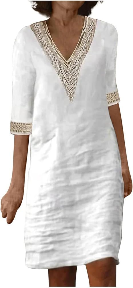 Linen Dress Women 2024 Casual Summer 3/4 Sleeve V Neck A Line Knee Length Dress Midi Shirt Cruise... | Amazon (US)