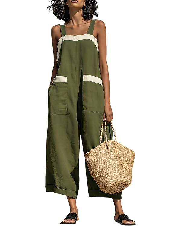 UANEO Womens Jumpsuit Linen Overall Boho Square Neck Color Block Wide Leg One Piece Beach Jumpsuits Romper with Pockets | Amazon (US)