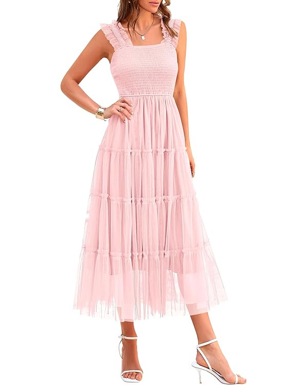 PRETTYGARDEN Women's Summer Tulle Midi Dress Sleeveless Smocked Ruffle Flowy Mesh Dresses Party W... | Amazon (US)