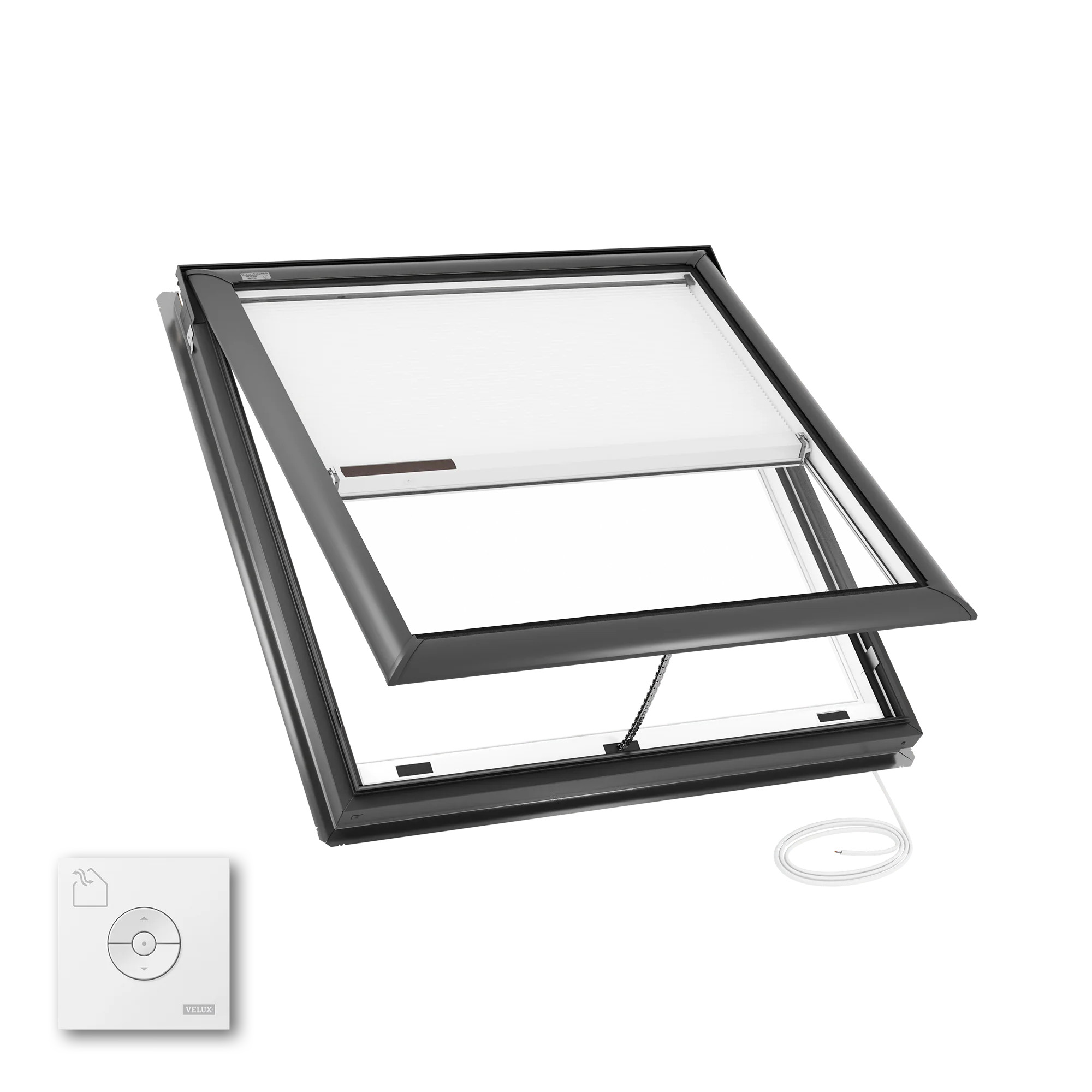 VELUX 44-1/4-in x 45-3/4-in Electric venting Deck mount Aluminum Skylight with Laminated Low-E argon Glass Room Darkening Shade/Blind Included in Gray | Lowe's