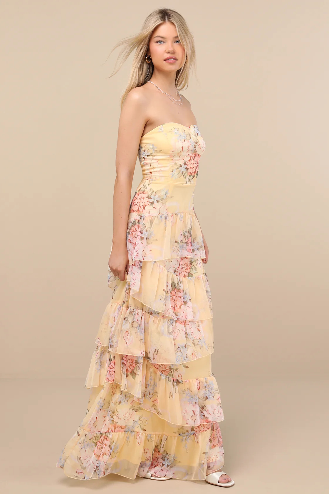 Niyati Yellow Floral Strapless Tiered Maxi Dress | Lulus