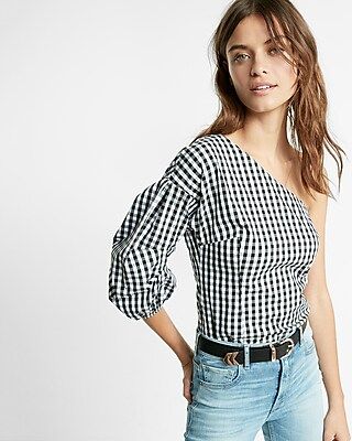 Gingham One Shoulder Puff Sleeve Top | Express