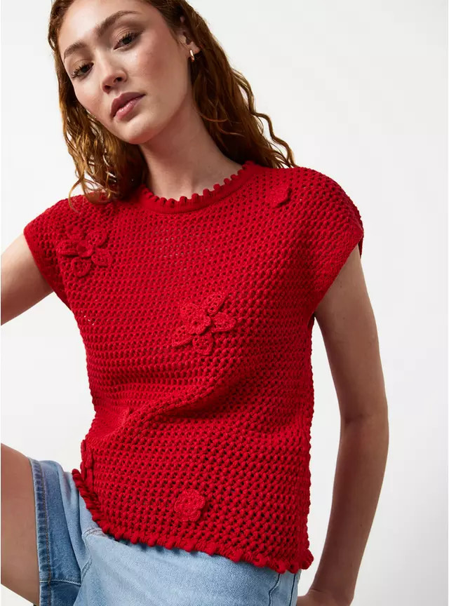 Buy Red Flower Applique Detail Knitted Tank Top S | Tops | Tu | Tu Clothing
