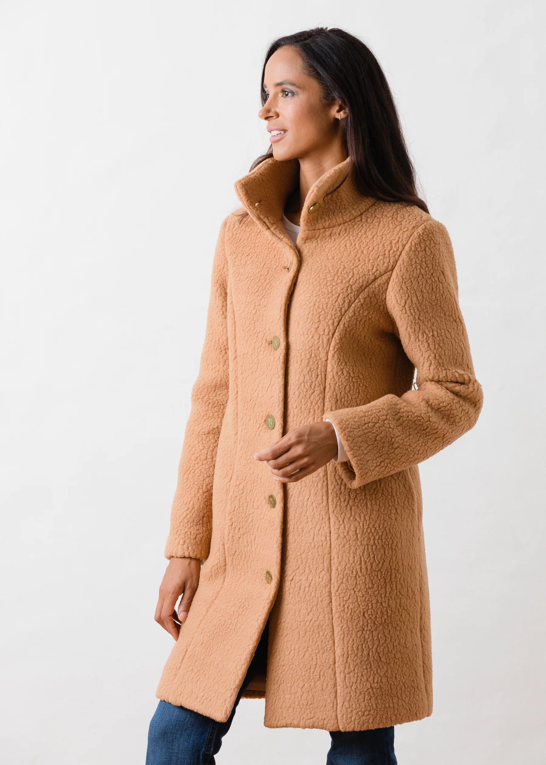 Fleet St Funnel Coat in Shearling (Camel) | Dudley Stephens