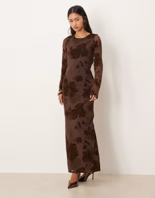 Gina Tricot rose print mesh burnout open back maxi dress in dark brown | ASOS | ASOS (Global)