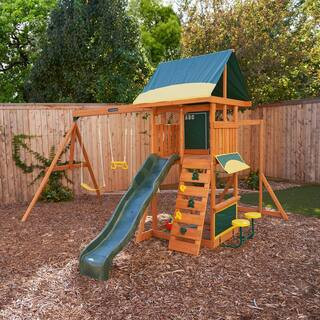 DIY Brightside Wooden Outdoor Playground Set with Slide, Monkey Bars, Sandbox, Cafe Area, Swing Set, and Accessories | The Home Depot