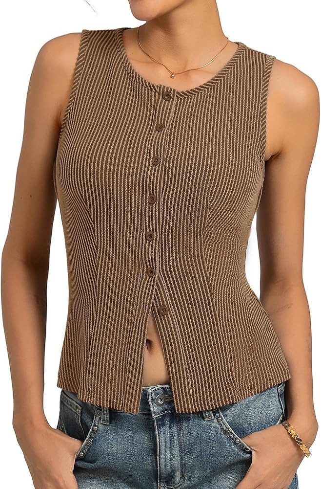 Kate Kasin Women Summer Going Out Tank Tops Y2K, Button Up Sleeveless Top, Ribbed Knit Sweater Ve... | Amazon (US)
