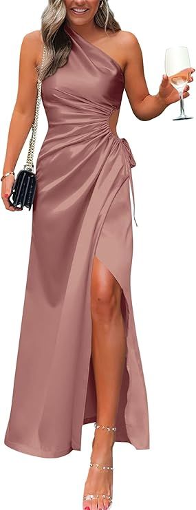 BTFBM Women 2023 One Shoulder Prom Dresses Sleeveless Cutout Ruched Adjustable Split Satin Party ... | Amazon (US)