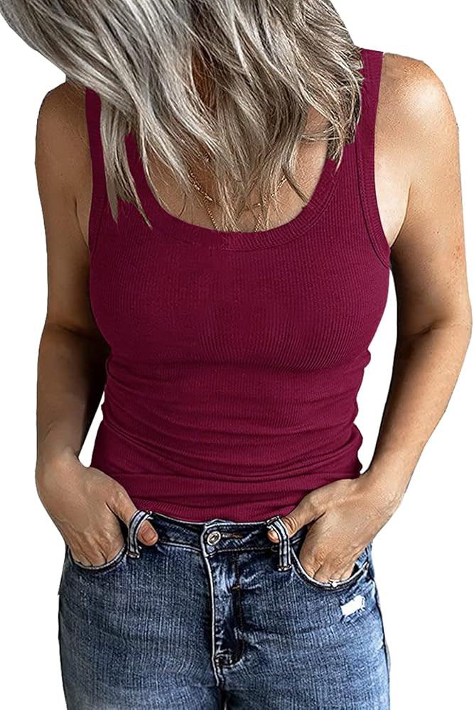 GEMBERA Women's Sleeveless Scoop Neck Ribbed Tank Tops Fitted Basic Cami Tee Shirts | Amazon (US)
