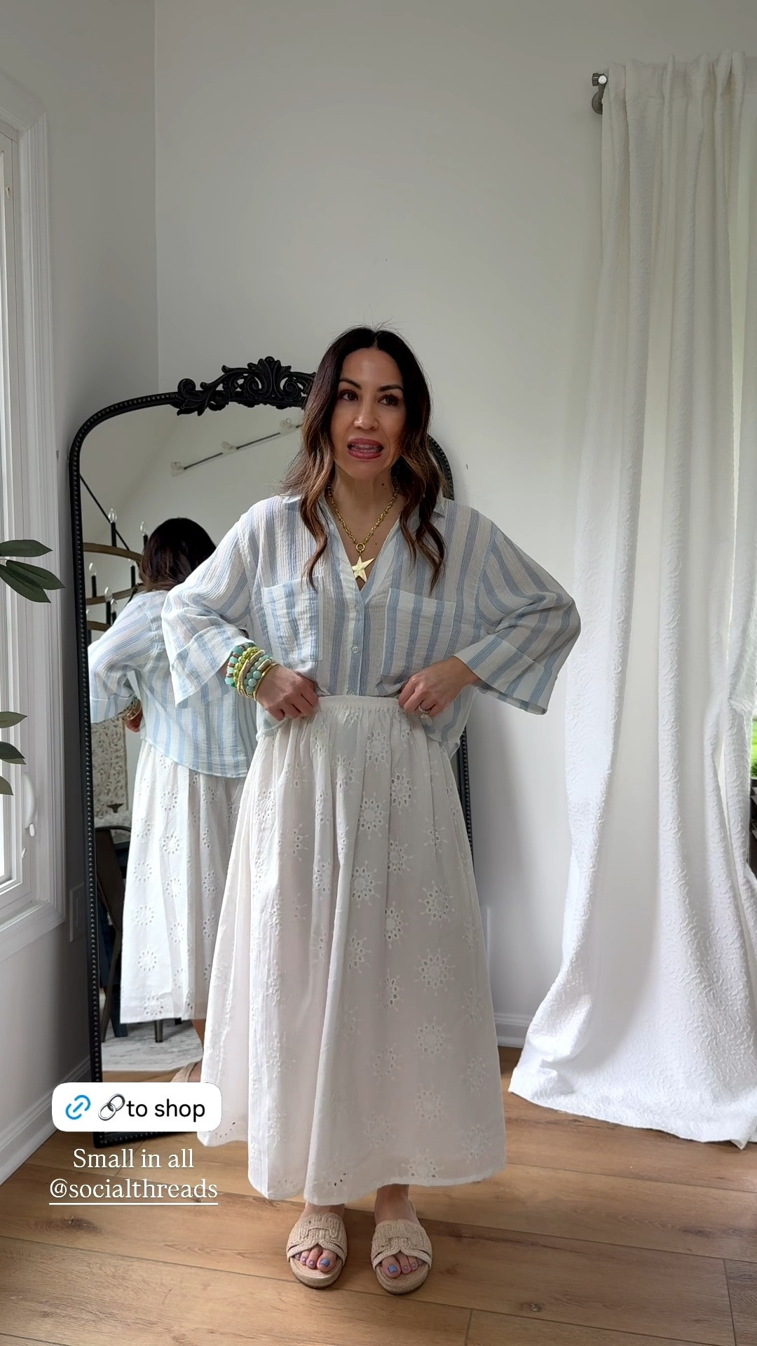 Small white skirt. Small gauze button down shirt

#LTKPetite #LTKOver40