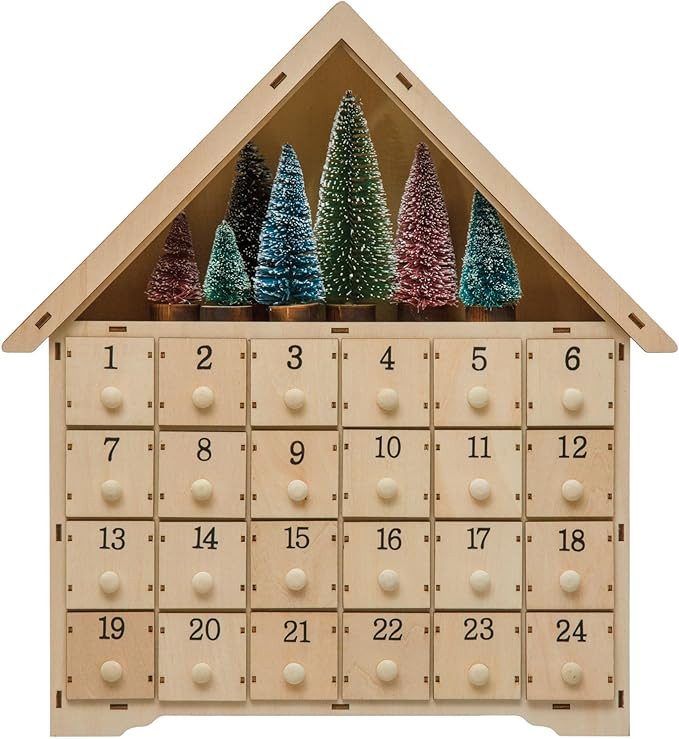 Creative Co-Op 15-1/4"L x 16-1/2"H Wood House Advent Calendar w/ 24 Boxes & 7 Bottle Brush Trees,... | Amazon (US)