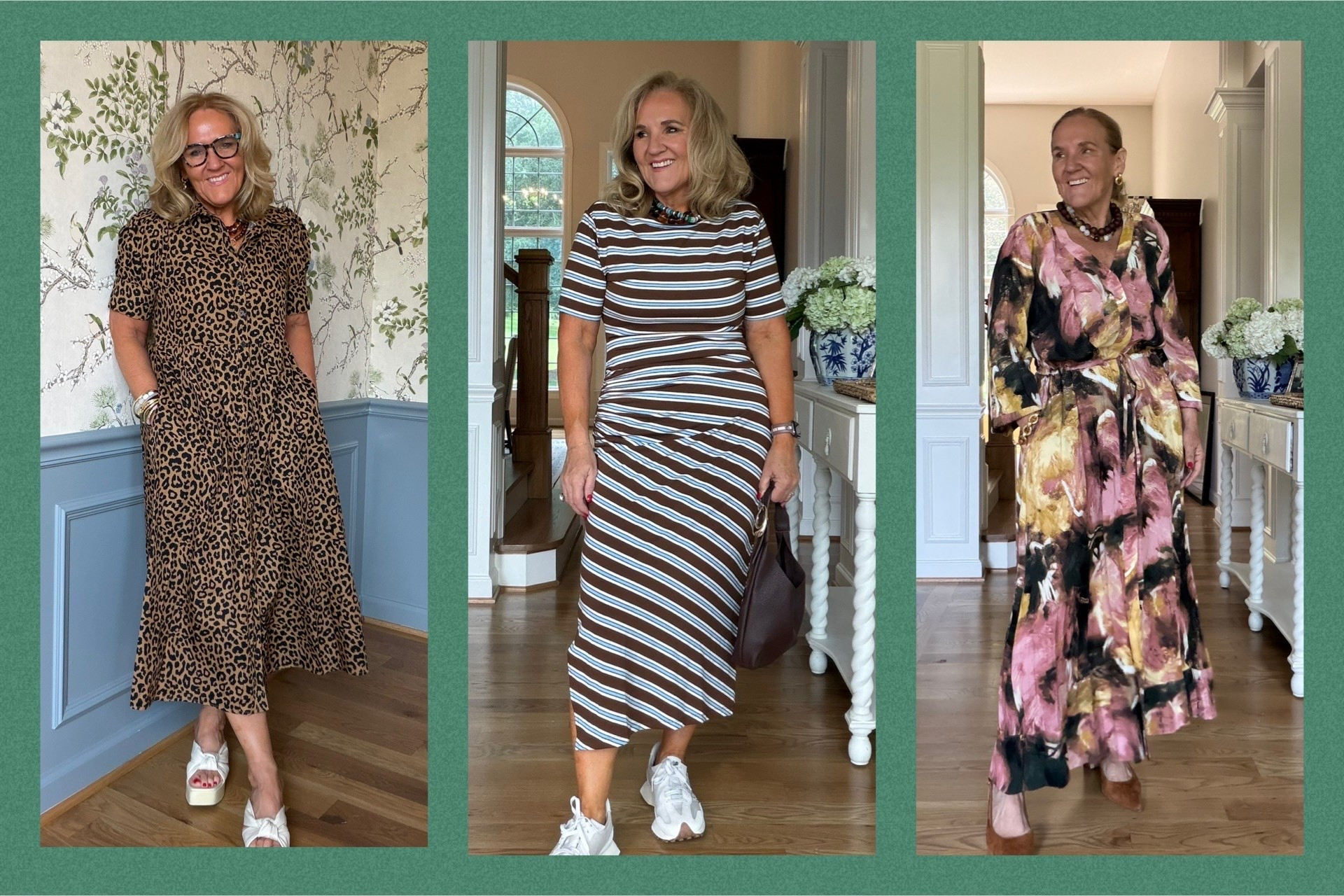 A couple dresses that are under $100 and worth the buy to wear right now. 
Left: a poplin cotton dress in leopard. Wear now and on in to fall. Small 

Center: a t-shirt dress with a twist, literally. Love that ruching at the one side to create a slimming illusion medium 

Right: maxi dress with a pretty drape, drawstring waist and flattering neckline. Medium

#LTKOver40 #LTKSaleAlert #LTKootd