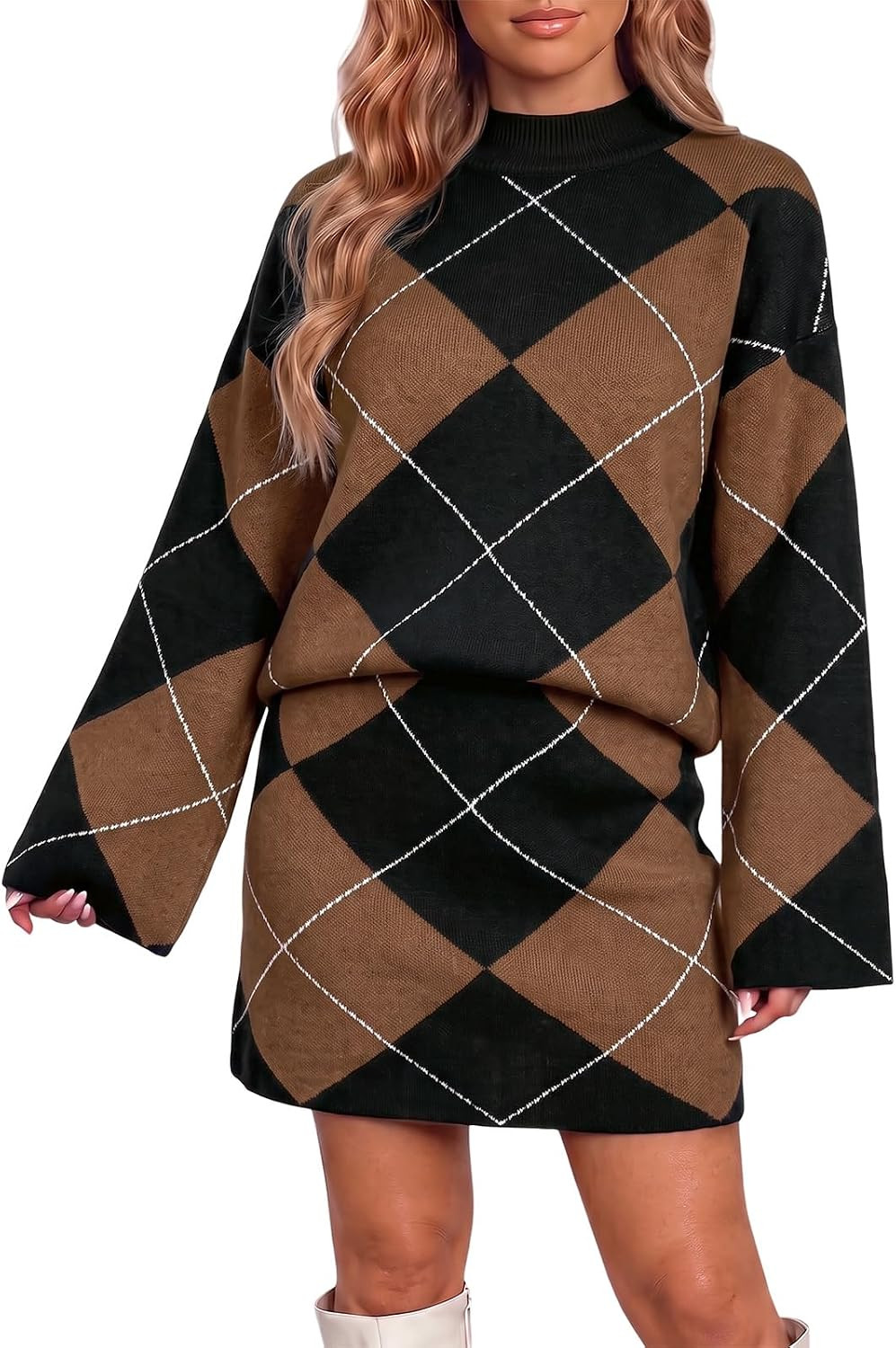Wenrine Womens 2 Piece Outfits Argyle Casual Loose Fall Sweater Skirt Sets | Amazon (US)