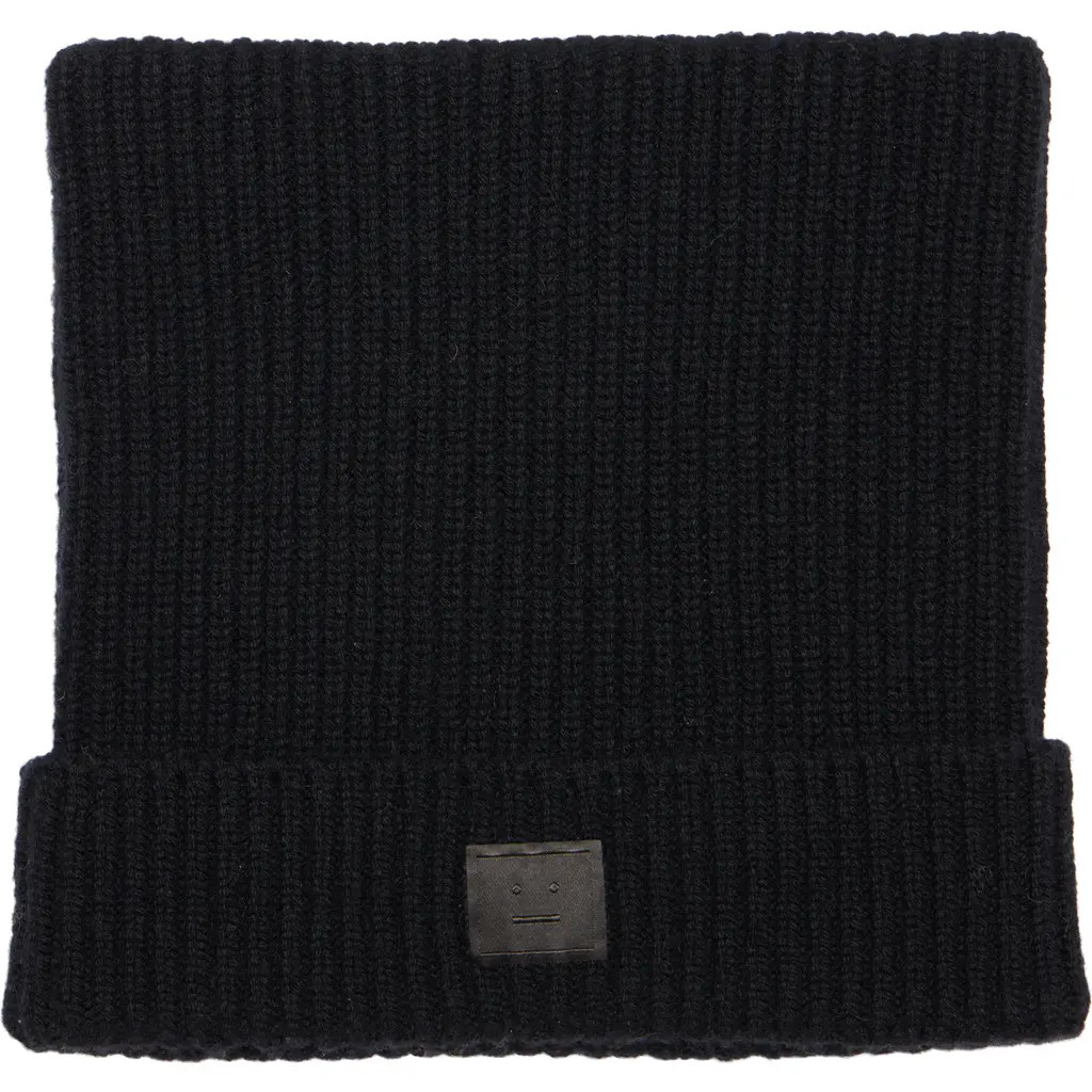 Acne Studios Kua Face Patch Rib Wool & Yak Hair Beanie in Black at Nordstrom | Nordstrom