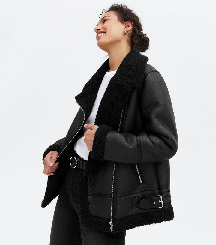 Black Leather-Look Faux Shearling Aviator Jacket
						
						Add to Saved Items
						Remove fro... | New Look (UK)