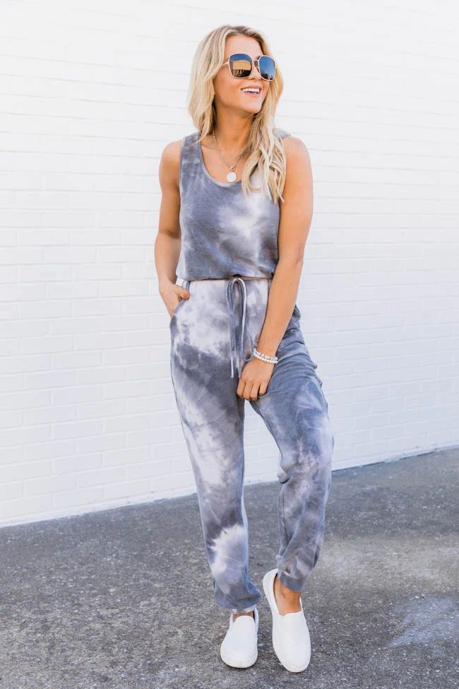 Cloudy Days Tie Dye Grey/White Jumpsuit | The Pink Lily Boutique