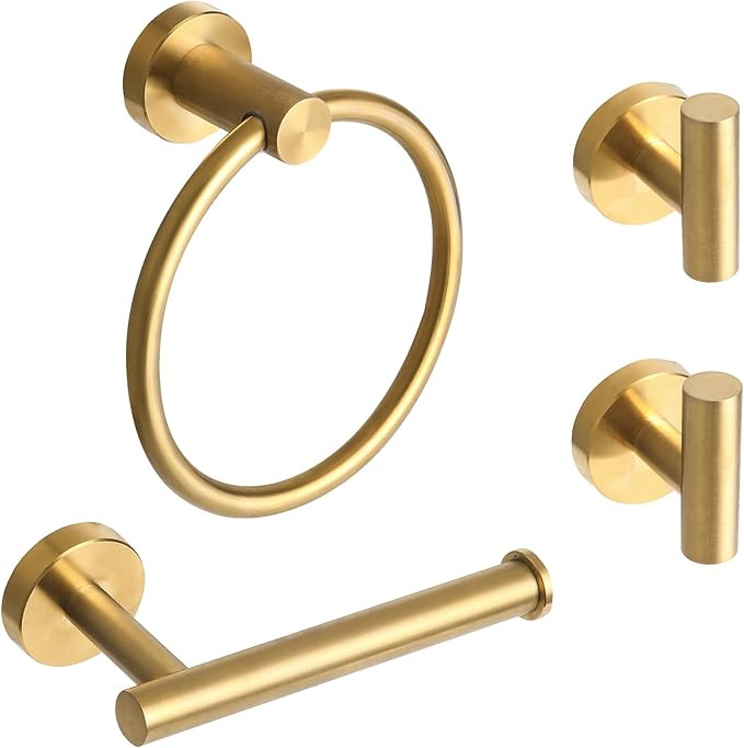 4 Piece Brushed Gold Stainless Steel Bathroom Hardware Set Include Hand Towel Ring, Toilet Paper ... | Amazon (US)