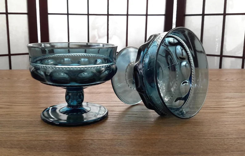 Vintage Indiana Glass ''king's Crown Thumbprint'' Pattern Teal Blue Glass Set of Two Footed Desse... | Etsy (US)