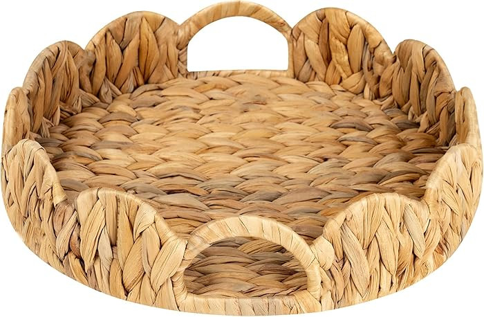 StorageWorks Scalloped Tray, Round Basket Tray Wicker Rattan Serving Tray with Handles, Scallop B... | Amazon (US)