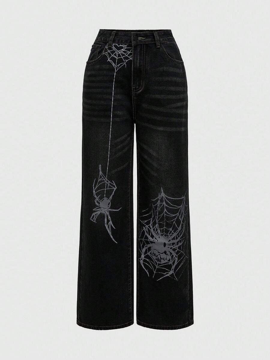ROMWE Grunge Punk Women's Spider Pattern Pocket Wide Leg Loose Casual Jeans | SHEIN