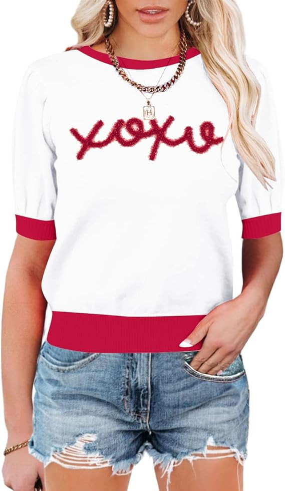 Valentines Shirt Women Funny Love Embroidered Puff Short Sleeve Crewneck Sweater Basic Knit Pullover Holiday Crop Top | Amazon (US)