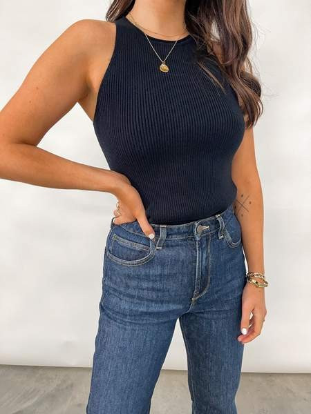 Billie Ribbed Racer Tee - Black | Pretty Lavish (UK)