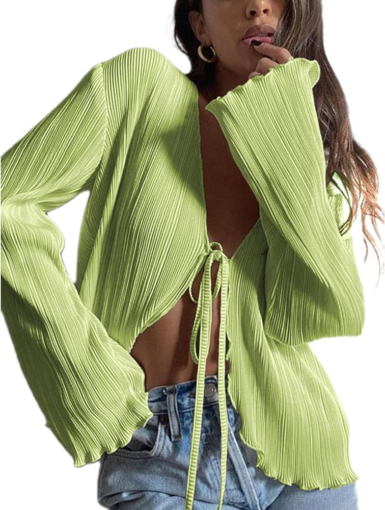 Women Girls Sheer Blouse Wild Flare Sleeve Tie Up Shirt Frill Decor Y2k Cropped Cardigan Top Aest... | Amazon (US)