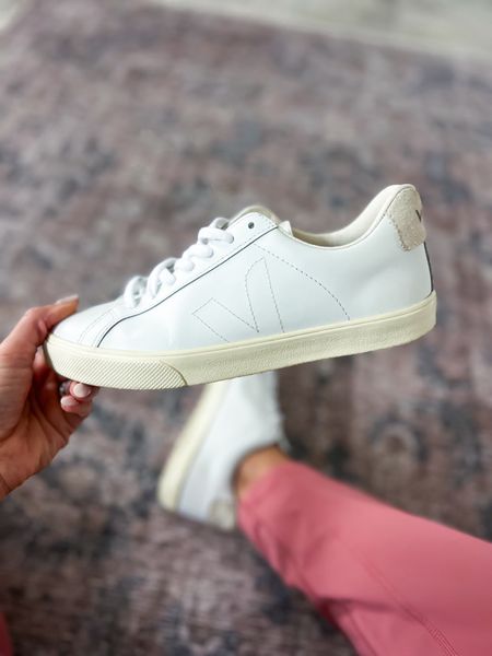 Favorite white sneakers. Veja Esplar sneakers in white (follow size chart and size down if you are a half size). Travel shoes. Spring outfit. Spring style. Spring shoes. Amazon wide leg joggers in XS petite. 

#LTKfindsunder100 #LTKfindsunder50 #LTKshoecrush