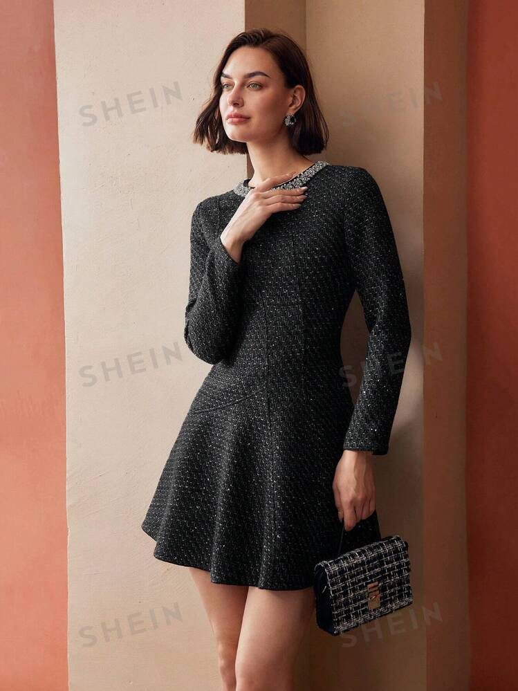 MOTF PREMIUM TWEED FAUX PEARL AND BEADED TRIM FLARE HEM SHORT DRESS | SHEIN | SHEIN