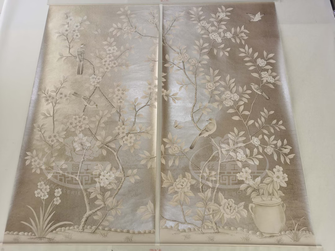 Chinoiserie Wall Art – 24"x48" Hand-painted Birds & Blossoms on Champagne Metallic Leaf ML-25 |... | Etsy (US)