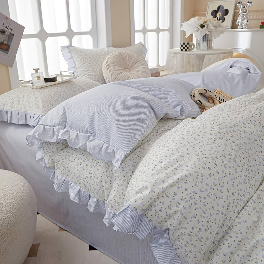 Garden Style Lace Duvet Cover Cute Blue Flower Print Ruffle Duvet Cover Queen Cotton Blue Striped... | Amazon (US)