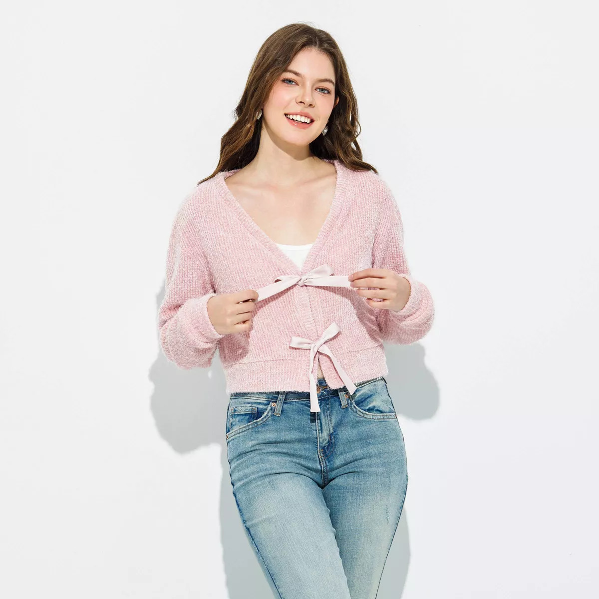 Women's V-Neck Bow Tie Cardigan Sweater - Wild Fable™ Pink M | Target