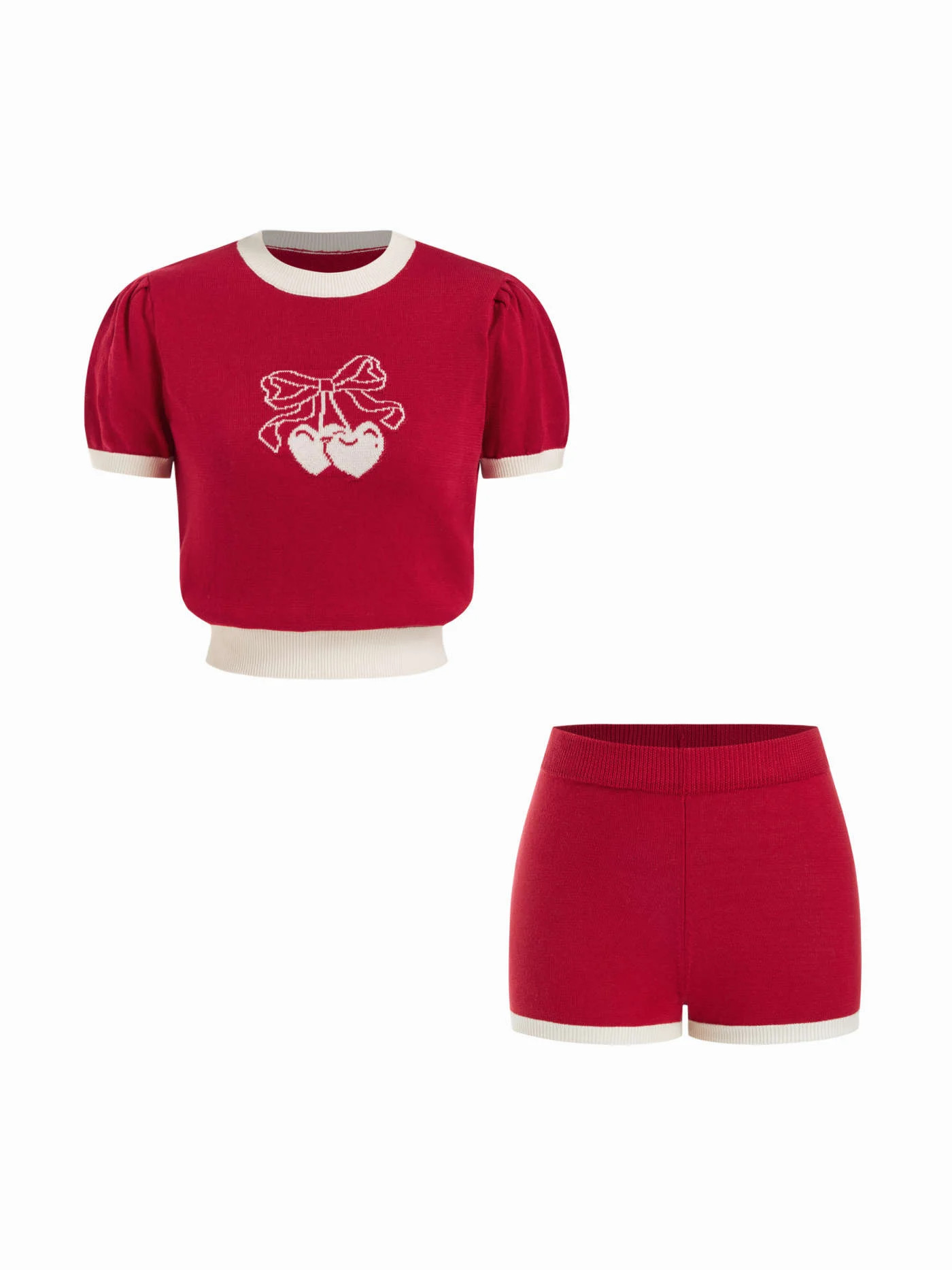 Crochet Knit Heart Cherry Graphic Contrasting Binding Puff Sleeve Top & Shorts Set For Date | Cider